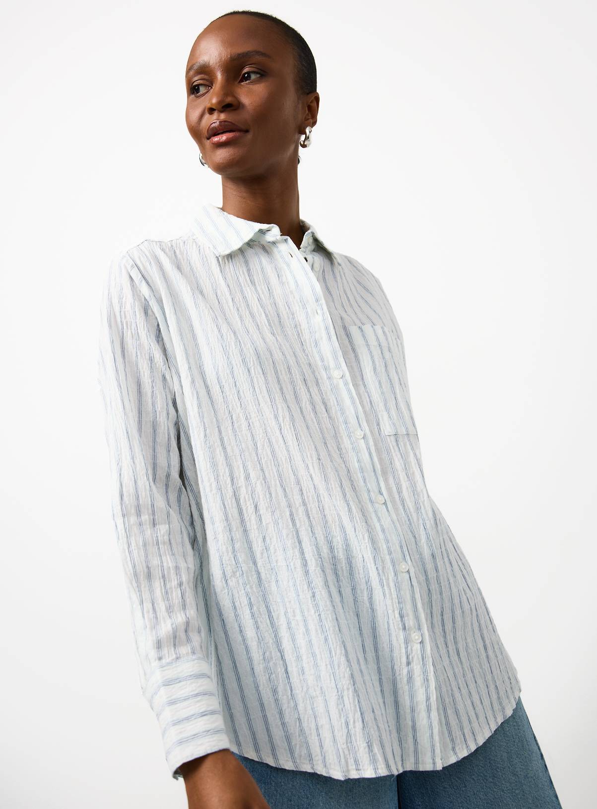 Light Blue Stripe Print Seersucker Long Sleeve Revere Shirt 12 - Image 1